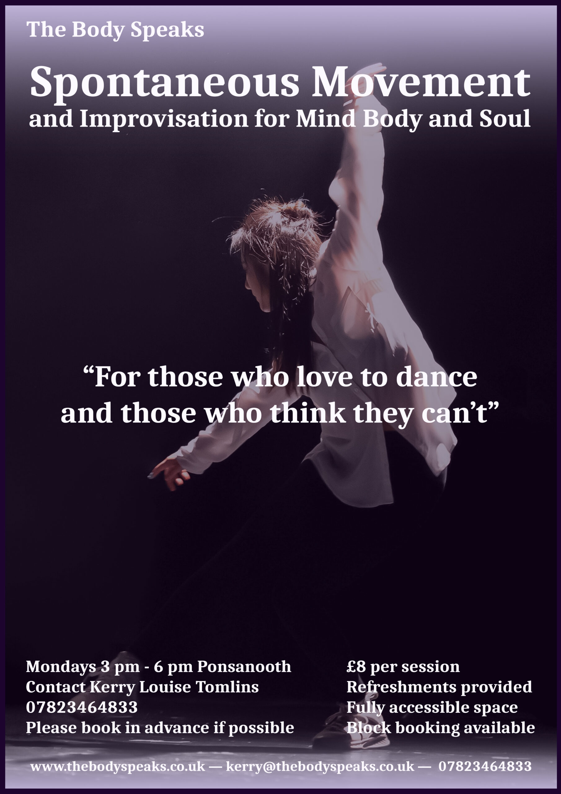 Spontaneous Movement and Improvisation for Mind Body and Soul
“For those who love to dance
and those who think they can’t”